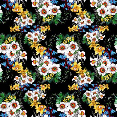 Suluboya el çekilmiş seamless modeli ile güzel renkli çiçekler