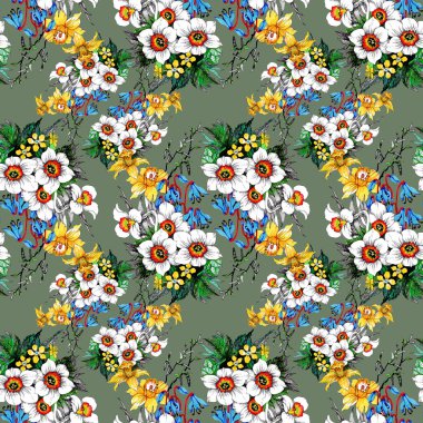 Suluboya el çekilmiş seamless modeli ile güzel renkli çiçekler