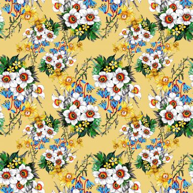Suluboya el çekilmiş seamless modeli ile güzel renkli çiçekler