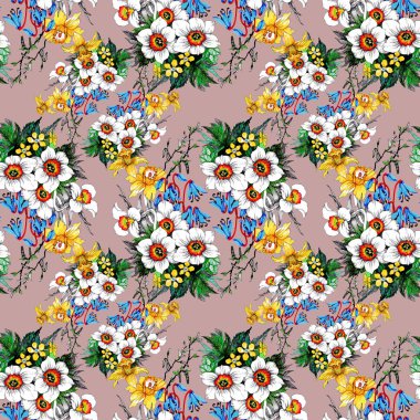 Suluboya el çekilmiş seamless modeli ile güzel renkli çiçekler