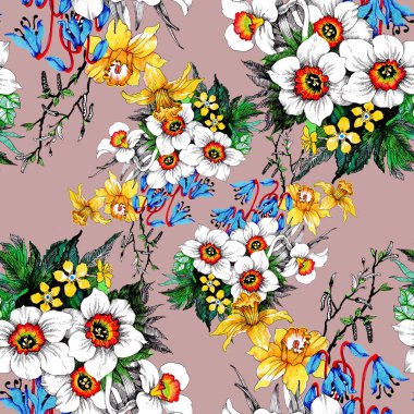 Suluboya el çekilmiş seamless modeli ile güzel renkli çiçekler