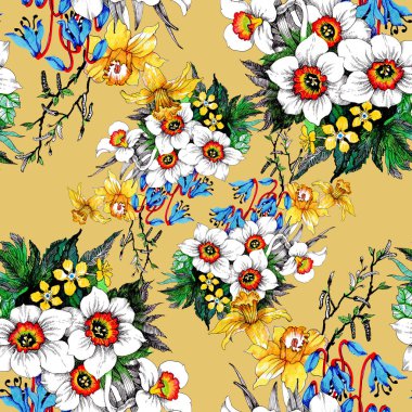 Suluboya el çekilmiş seamless modeli ile güzel renkli çiçekler