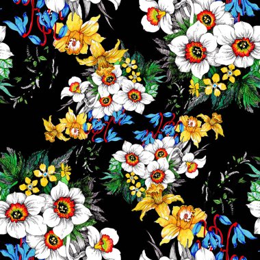 Suluboya el çekilmiş seamless modeli ile güzel renkli çiçekler