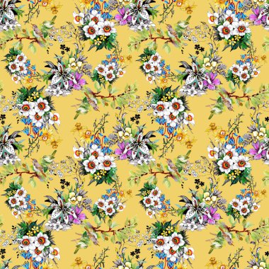  güzel renkli çiçekler ve kuşlar ile Seamless Modeli