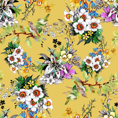  güzel renkli çiçekler ve kuşlar ile Seamless Modeli