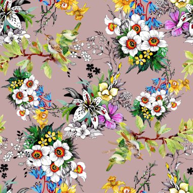  güzel renkli çiçekler ve kuşlar ile Seamless Modeli