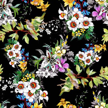  güzel renkli çiçekler ve kuşlar ile Seamless Modeli