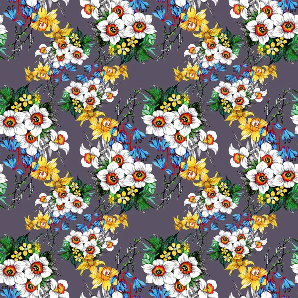 Watercolor Hand Drawn Seamless Pattern Beautiful Colorful Flowers — Stock Photo, Image