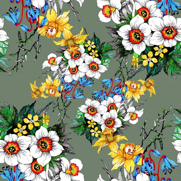 Watercolor Hand Drawn Seamless Pattern Beautiful Colorful Flowers — Stock Photo, Image