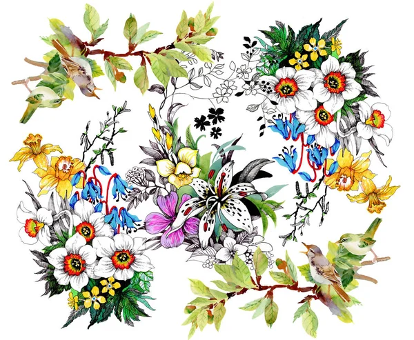 Fåglar Färgglada Blommor Och Grenar — Stockfoto