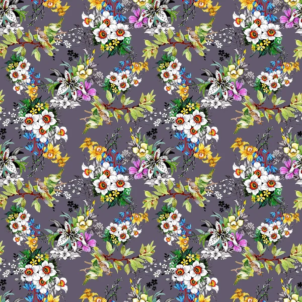 Naadloze Patroon Met Prachtige Kleurrijke Bloemen Vogels — Stockfoto