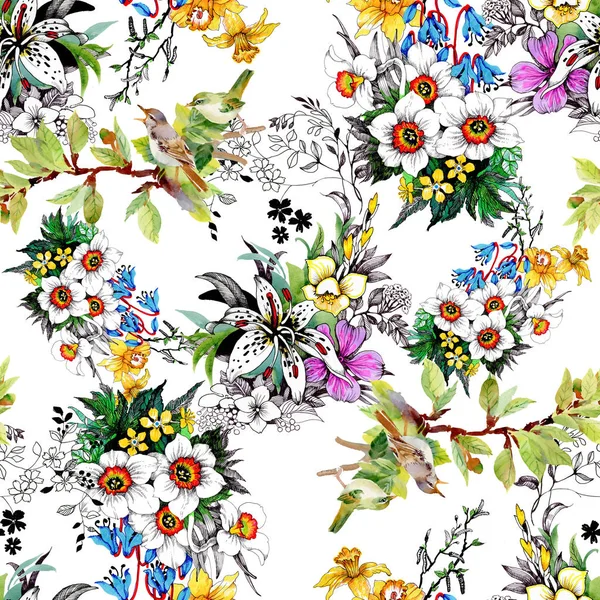 Wzór Piękne Kolorowe Kwiaty Ptaki — Zdjęcie stockowe