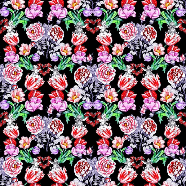 Pattern Beautiful Colorful Flowers Hearts Angels — Stock Photo, Image