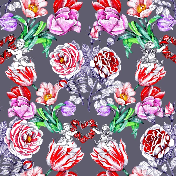 Patrón Con Hermosas Flores Colores Corazones Ángeles — Foto de Stock