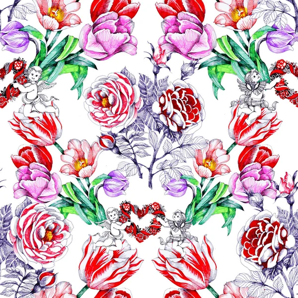 Muster Mit Schönen Bunten Blumen Und Herzen Und Engeln — Stockfoto