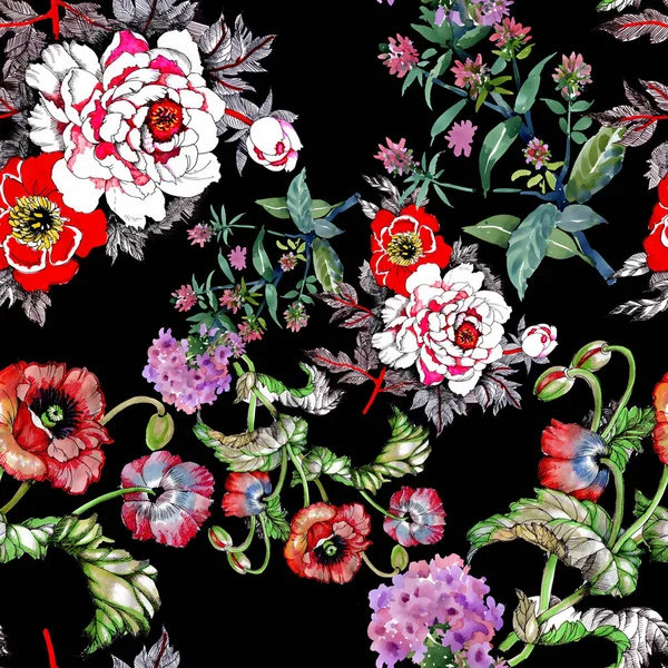 Naadloze Patroon Met Prachtige Kleurrijke Bloemen — Stockfoto