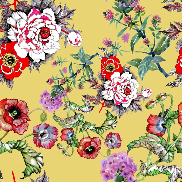 Seamless Mönster Med Vackra Färgglada Blommor — Stockfoto