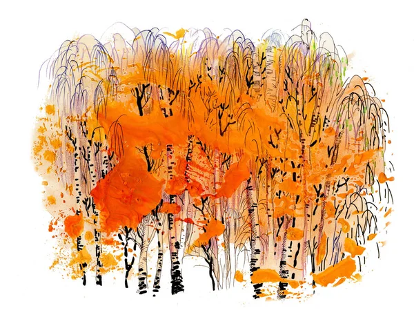 Aquarela Outono Parque Árvores Amarelas — Fotografia de Stock