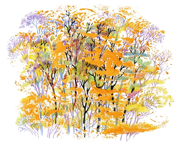 水彩秋天的公园黄色树木 — 图库照片