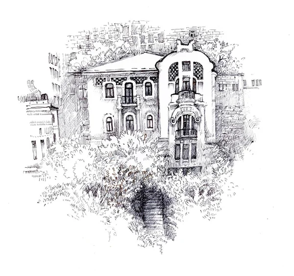 Schwarz Weiß Skizze Stadtbild Mit Häusern — Stockfoto
