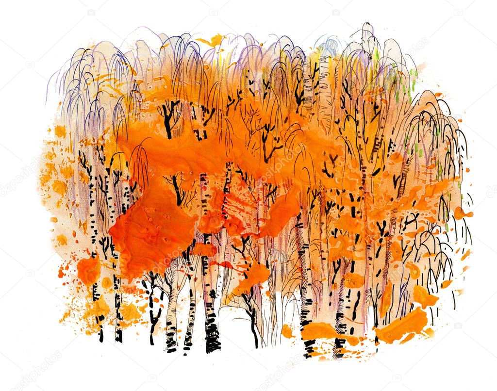 Watercolor autumn park yellow trees