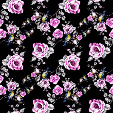 yaban gülü dallarında kuşlarda