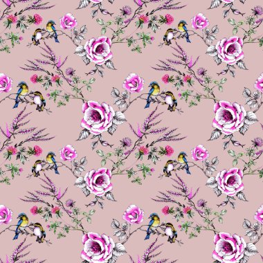 yaban gülü dallarında kuşlarda