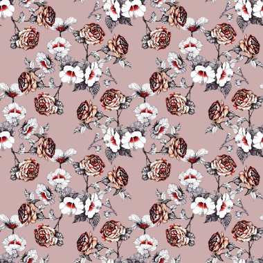 Suluboya el çekilmiş seamless modeli ile güzel çiçekler