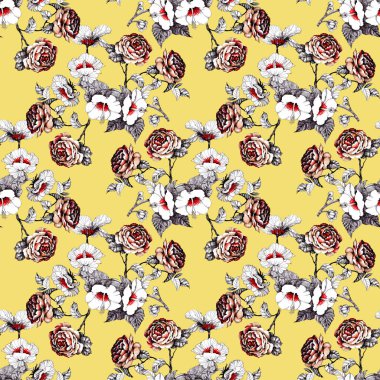 Suluboya el çekilmiş seamless modeli ile güzel çiçekler