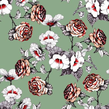 Suluboya el çekilmiş seamless modeli ile güzel çiçekler