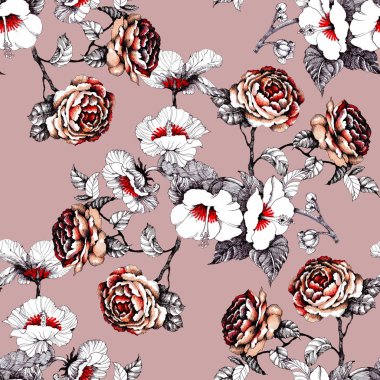 Suluboya el çekilmiş seamless modeli ile güzel çiçekler