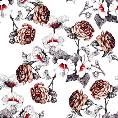 Suluboya el çekilmiş seamless modeli ile güzel çiçekler