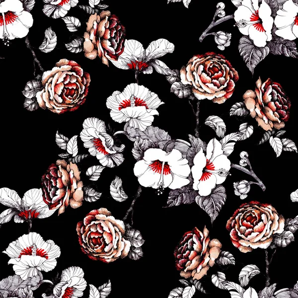Acuarela Dibujado Mano Patrón Sin Costuras Con Hermosas Flores — Foto de Stock