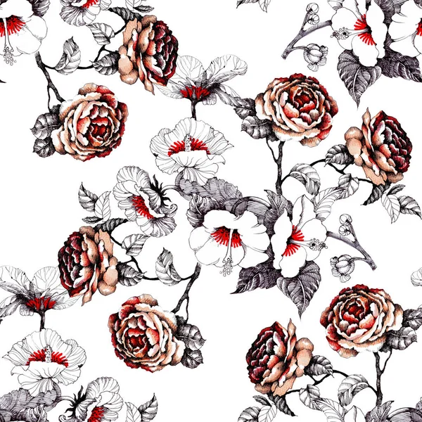 Suluboya el çekilmiş seamless modeli ile güzel çiçekler