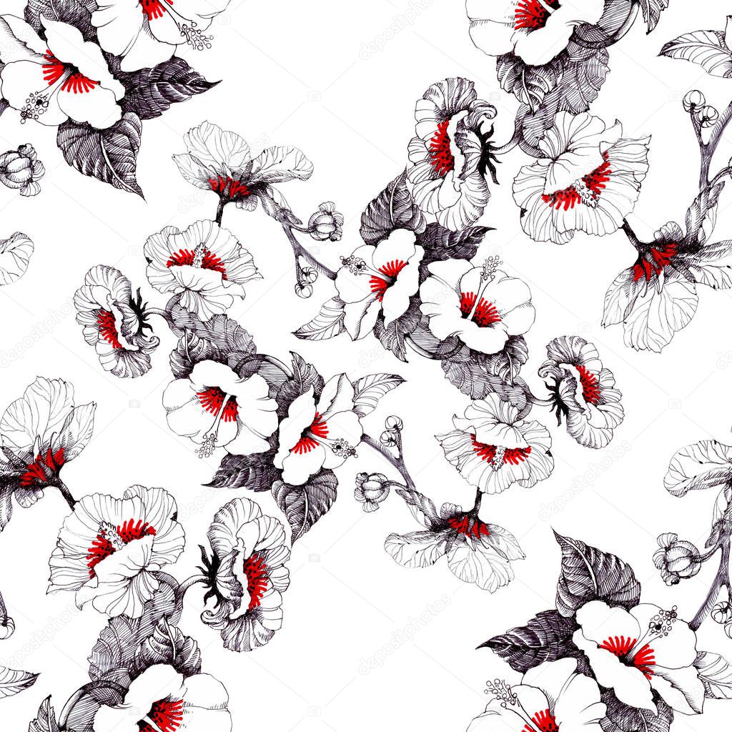 Watercolor  pattern with beautiful white-red flowers