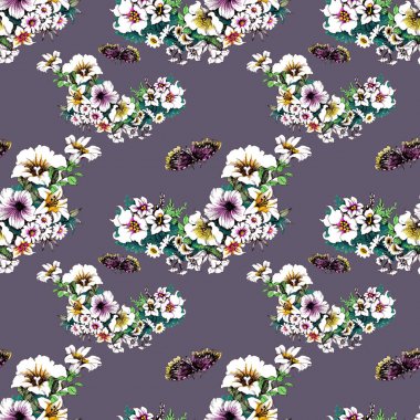 Kelebekler ile modaya uygun çiçek seamless modeli