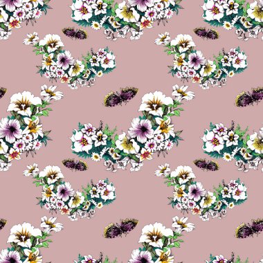 Kelebekler ile modaya uygun çiçek seamless modeli