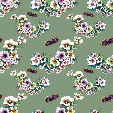 Kelebekler ile modaya uygun çiçek seamless modeli