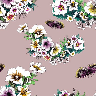 Kelebekler ile modaya uygun çiçek seamless modeli