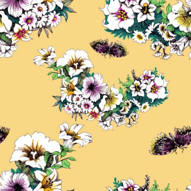 Kelebekler ile modaya uygun çiçek seamless modeli