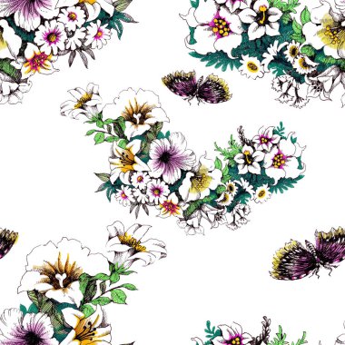 Kelebekler ile modaya uygun çiçek seamless modeli