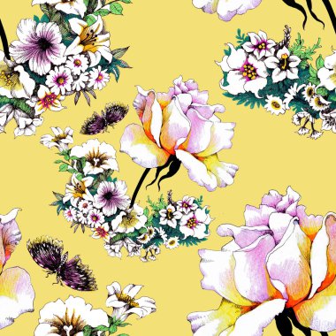 Kelebekler ile modaya uygun çiçek seamless modeli