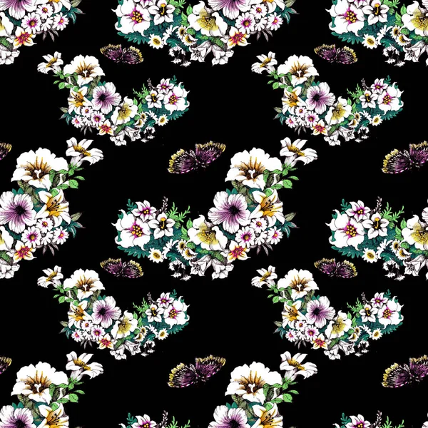 Moda Floral Sem Costura Padrão Com Borboletas — Fotografia de Stock