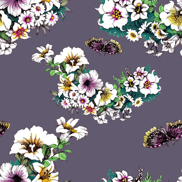Модный Цветочный Бесшовный Узор Бабочками — стоковое фото