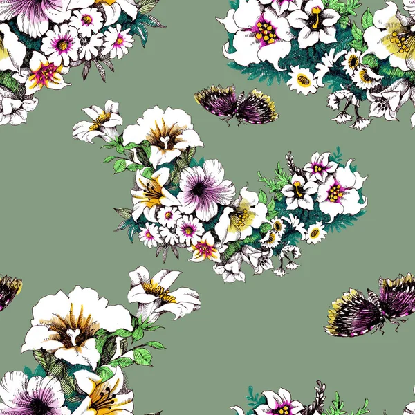 Trendy Floral Seamless Pattern Butterflies — Stock Photo, Image