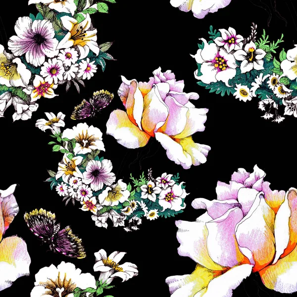 Trendiges Florales Nahtloses Muster Mit Schmetterlingen — Stockfoto