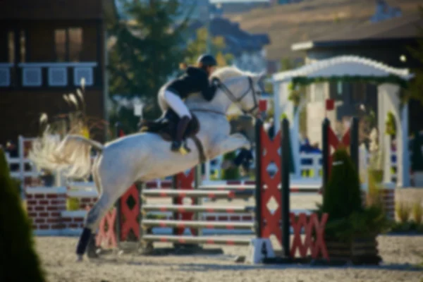 Rider on bay horse in competitions. Jumping show. — Stock Photo, Image