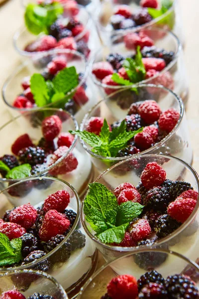 Blackberry and raspberry in the white yogurt. — Stock Photo, Image