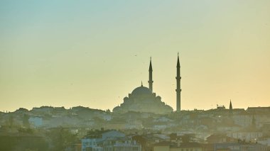 Sis ve güneş ışığı yansımaları Camii Fatih silüeti. Vintage tarzı.