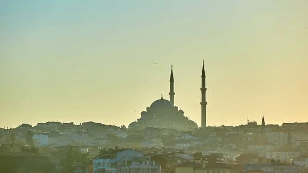 Sziluettjét a mecset Fatih, a köd vagy a nap visszatükröződését. Vintage stílusú. — Stock Fotó